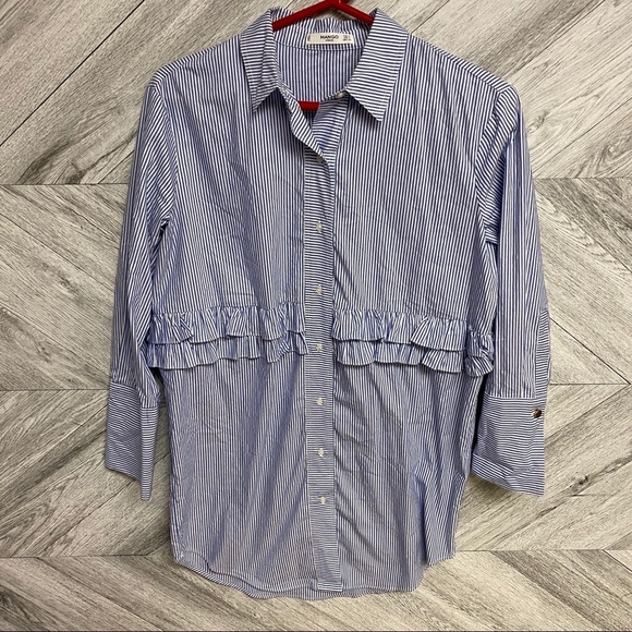Mango | Ruffled Poplin Shirt Dress Blue Stripe 4 - Picture 5 of 9
